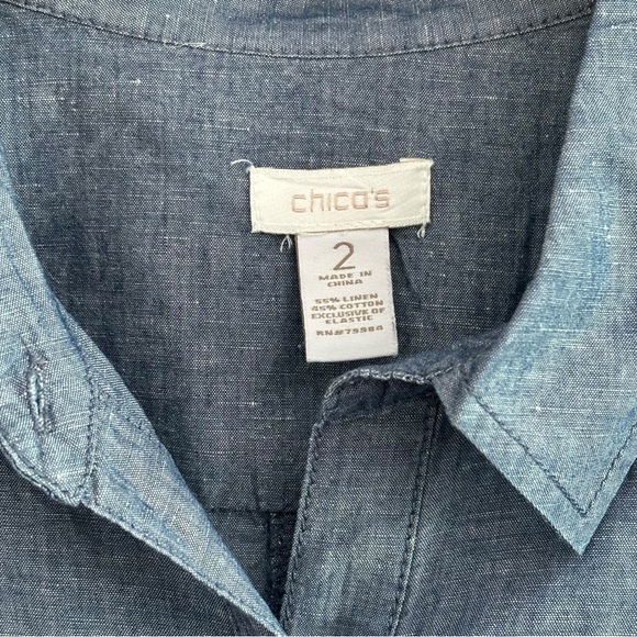CHICO’S Button Front Chambray Roll Tab Sleeve Shirt Size M - Picture 5 of 9